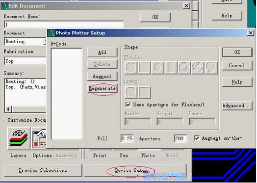 當Gerber和鉆孔都設置完后，選擇一貼片元件較多的層（一般為Top層），點擊Device SetupPhoto，將 Plotter Setup窗口D-Code欄原有的D碼刪除并按Regenerate重新生成