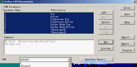 回到Dsfine CAM Documents窗口 ，將所有須輸出的文件用鼠標拉住選擇，按Run輸出，默認輸出路徑是安裝目錄的\CAM\default，也可按CAM的Create更改