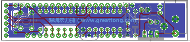 第二篇文章則帶領你進行電路板上的布線、連結點的配置，并利用「設計規則檢查（Design Rule Check）」測試你的設計，第二篇文章的電路板設計圖將如下所示：