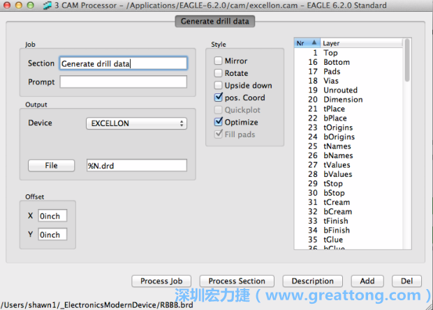 打開「excellon.cam」的工作項目并建立drill文件（副檔名為「.dri」和「.drd」），之后你只會用到「.drd」的文件檔；「.dri」的文件只是解釋用資料（所謂后設資料）而已。