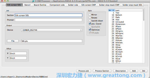 假如你有匯入點陣圖圖層（抑或是有某個圖層是你不想要它們出現在絲印上的），請再次確認標簽列下面被指定的圖層都是正確無誤的。