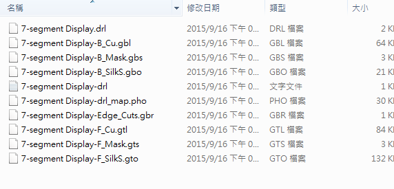 所謂Gerber檔，其實是包含一群檔案 (如下圖所示)，如包含正反面銅箔層 F.Cu B.Cu.，正反面文字面 F.Silkscreen ，B.Silkscreen，防焊層 SolderMask、板邊裁切Edge.Cuts 等。