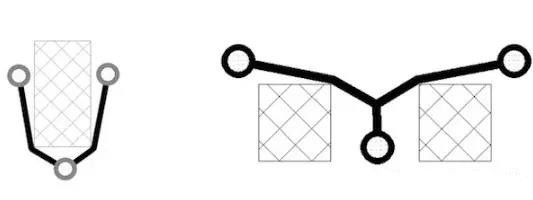 圖12：樹和(灰色顯示的)障礙物。(a)最小生成樹，(b)Steiner樹。