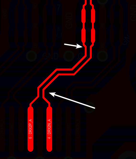 相應(yīng)的要對(duì)差分對(duì)不匹配的情況作出補(bǔ)償，使其線長匹配，長度差通常控制在5mil以內(nèi)